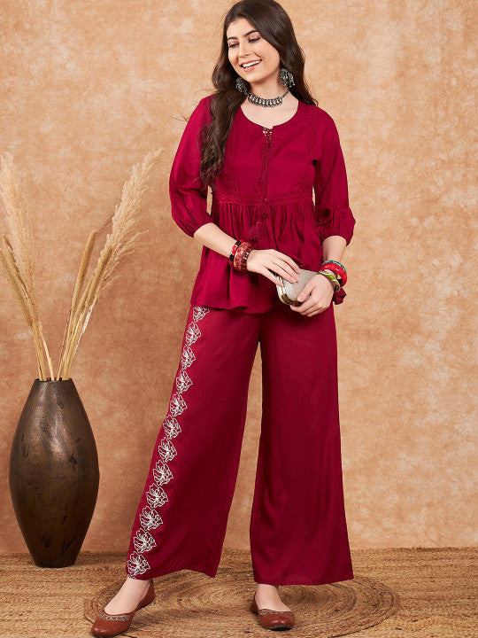 RUVA -Maroon Embellished Lace-Up Co-ord Set