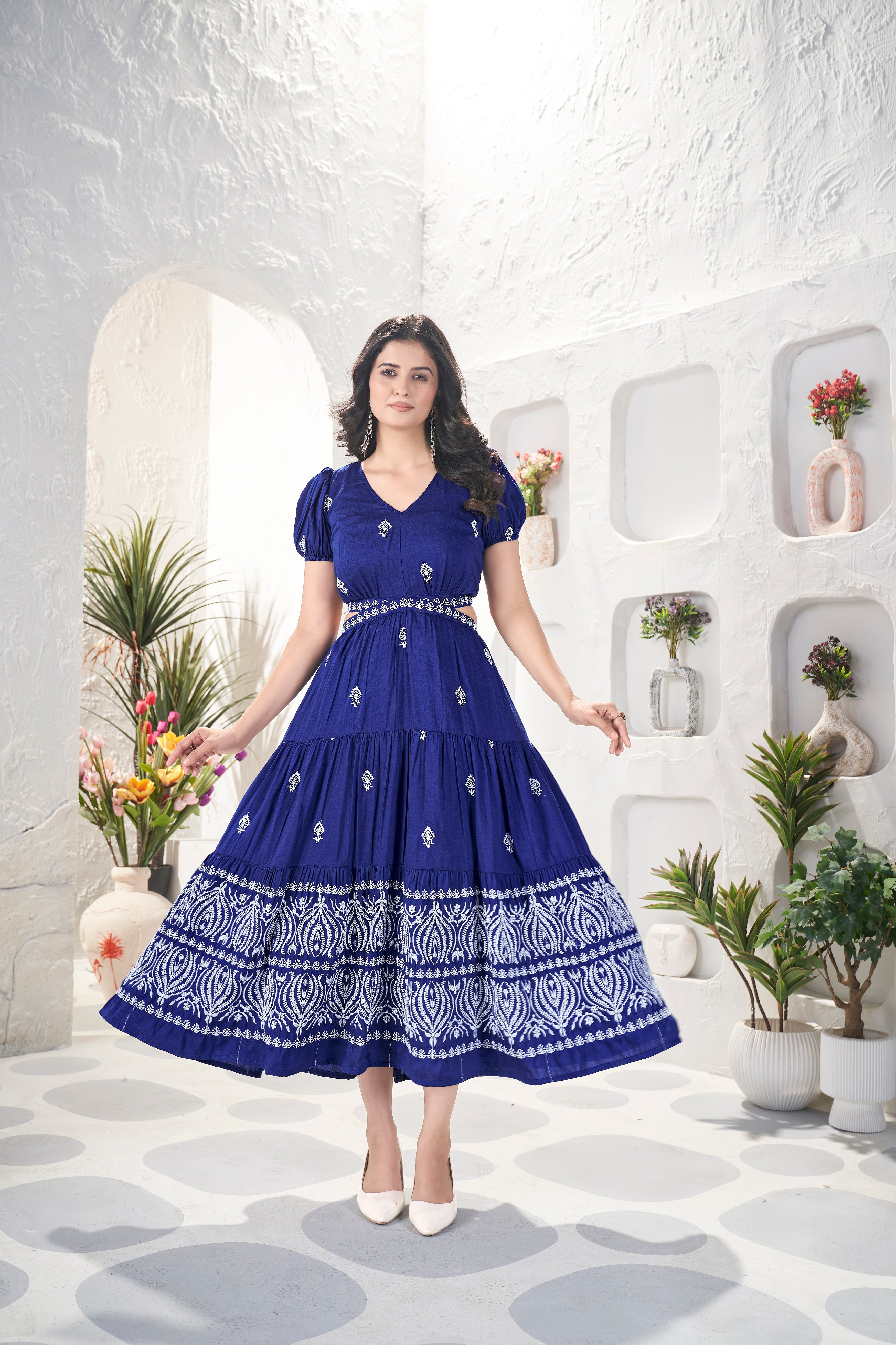 IZNA LONG WESTERN DRESS WITH SIDE SLITS BLUE – Adroshi Fashion