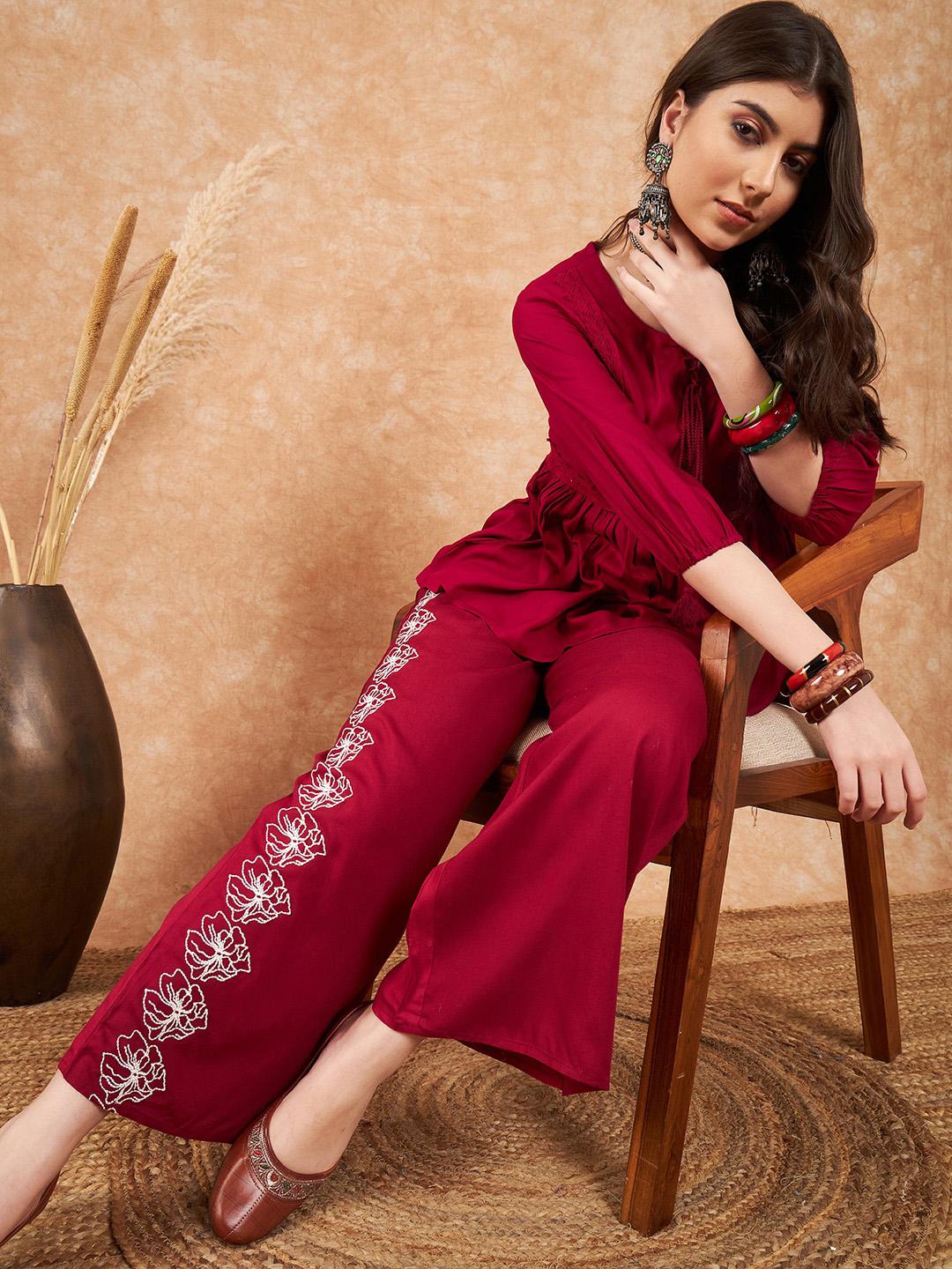 RUVA -Maroon Embellished Lace-Up Co-ord Set