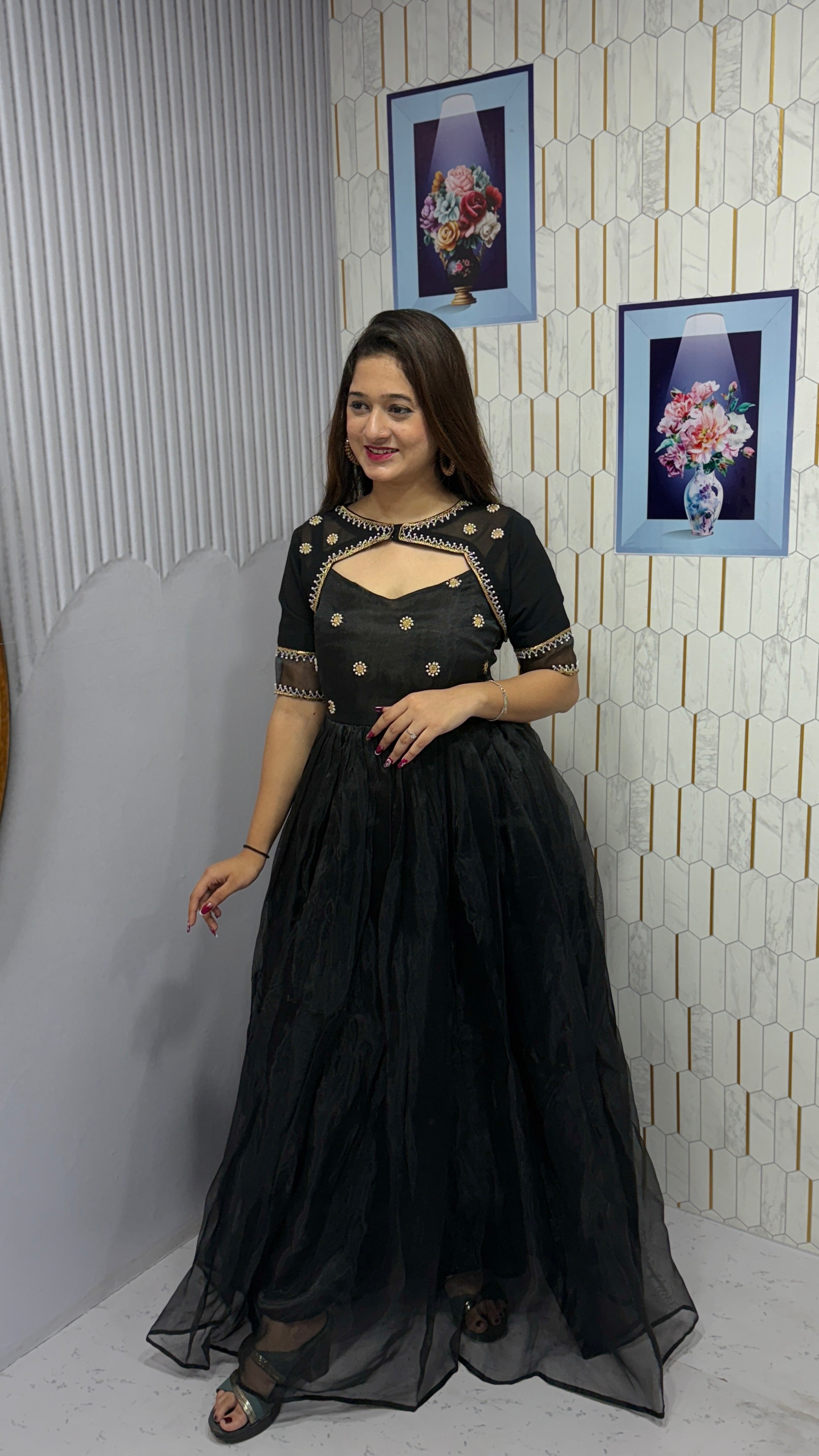 Feni-Elegant long gown with detachable kotti (jacket-style layer)