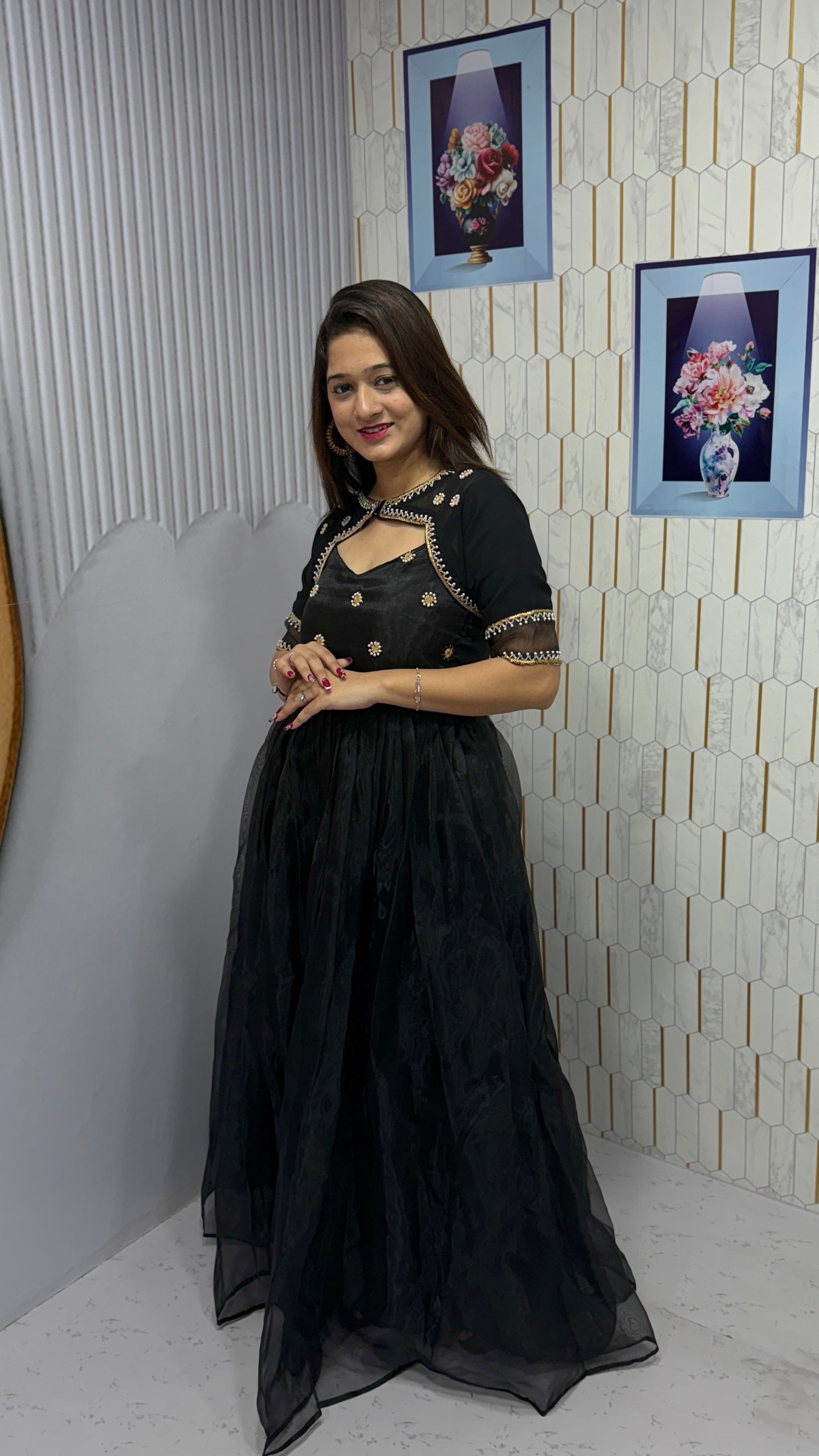 Feni-Elegant long gown with detachable kotti (jacket-style layer)