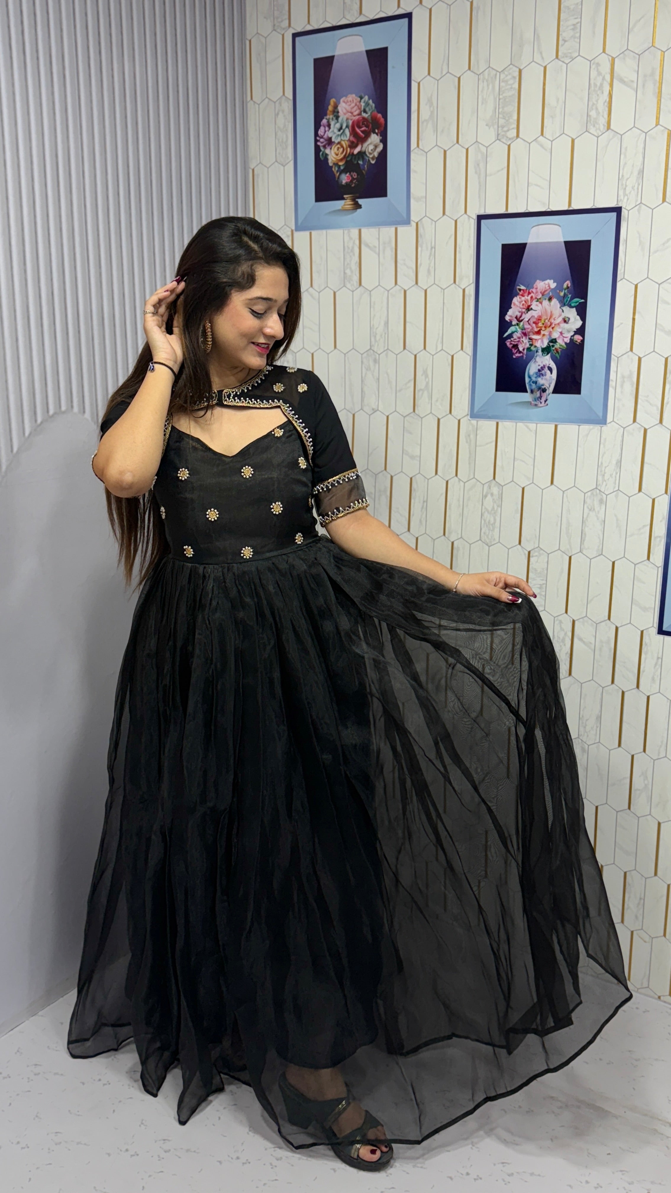 Feni-Elegant long gown with detachable kotti (jacket-style layer)