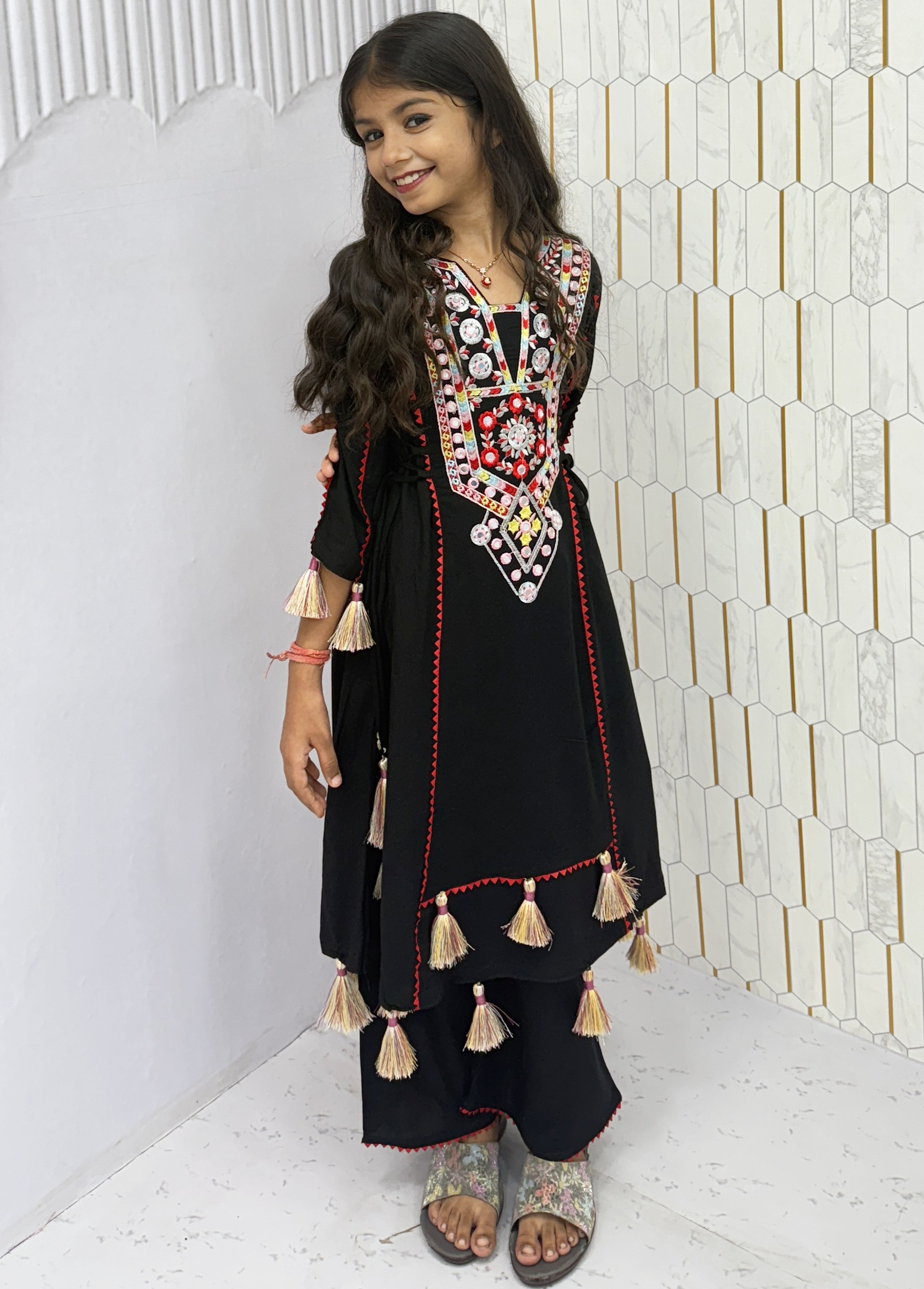 Morni-kids Traditional Cotton Mirror Embroidery Kurti Set