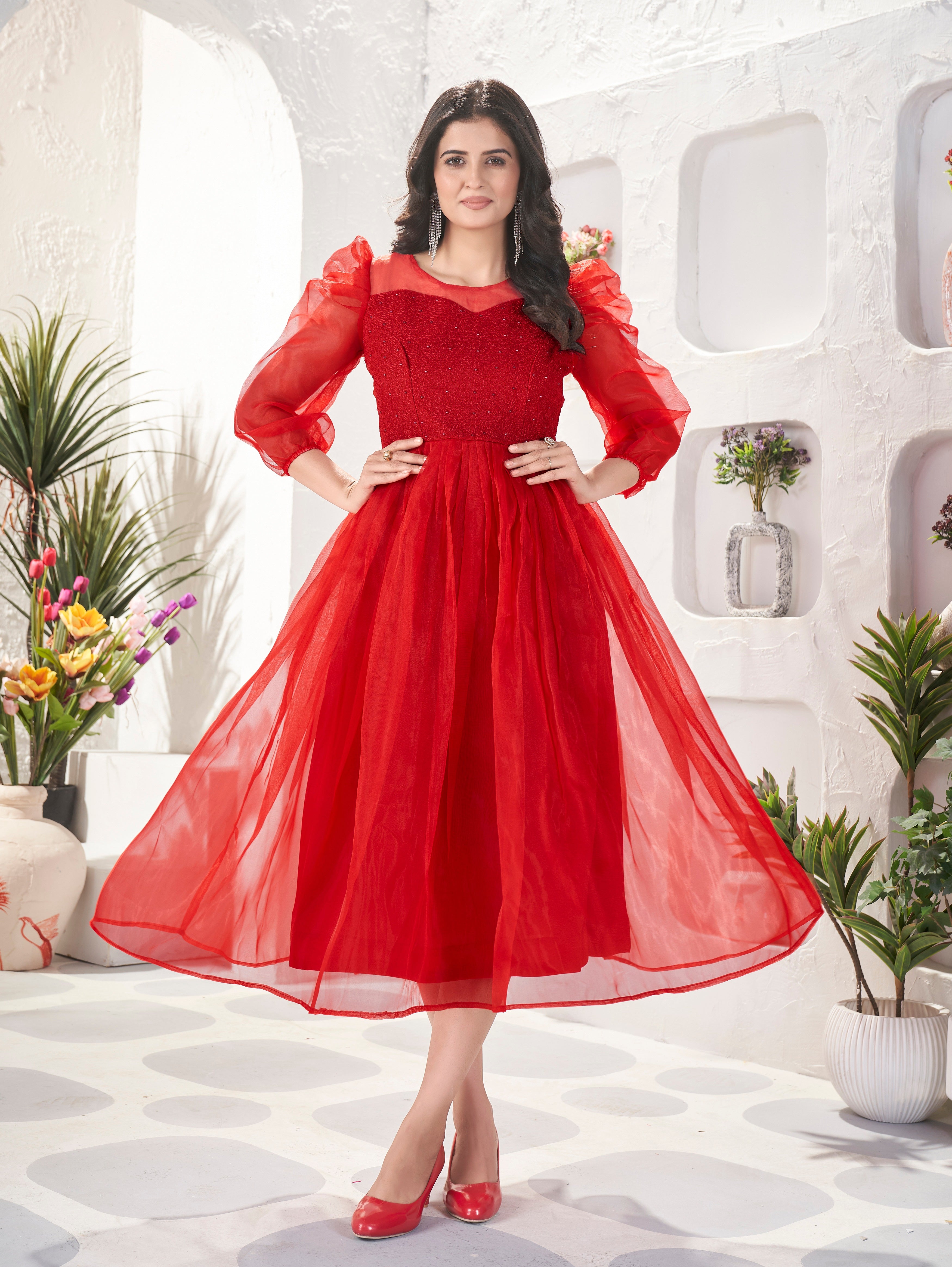 Rosy' Tea-Length Fit-and-Flare western Dress Rosy' Tea-Length Fit-and-Flare western Dress