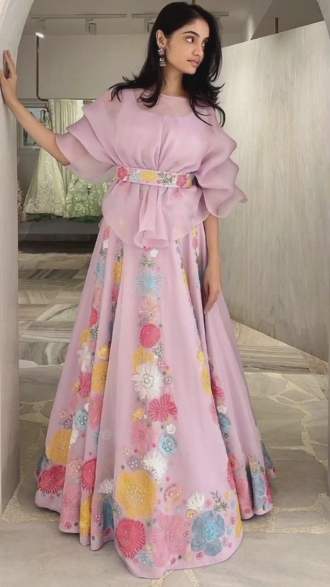 Sazada-Organza Pink Indo-Western Top & Lehenga Set